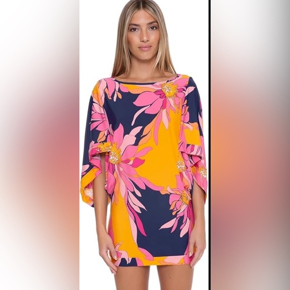 EUC Trina Turk Floral Tunic Beach Dress Resortwear Medium - Picture 1 of 9